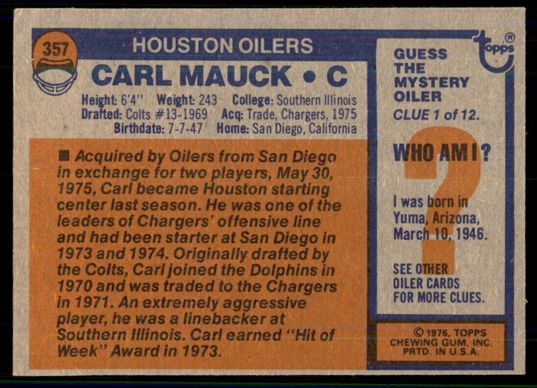 1976 Topps Carl Mauck A Football Cards #357