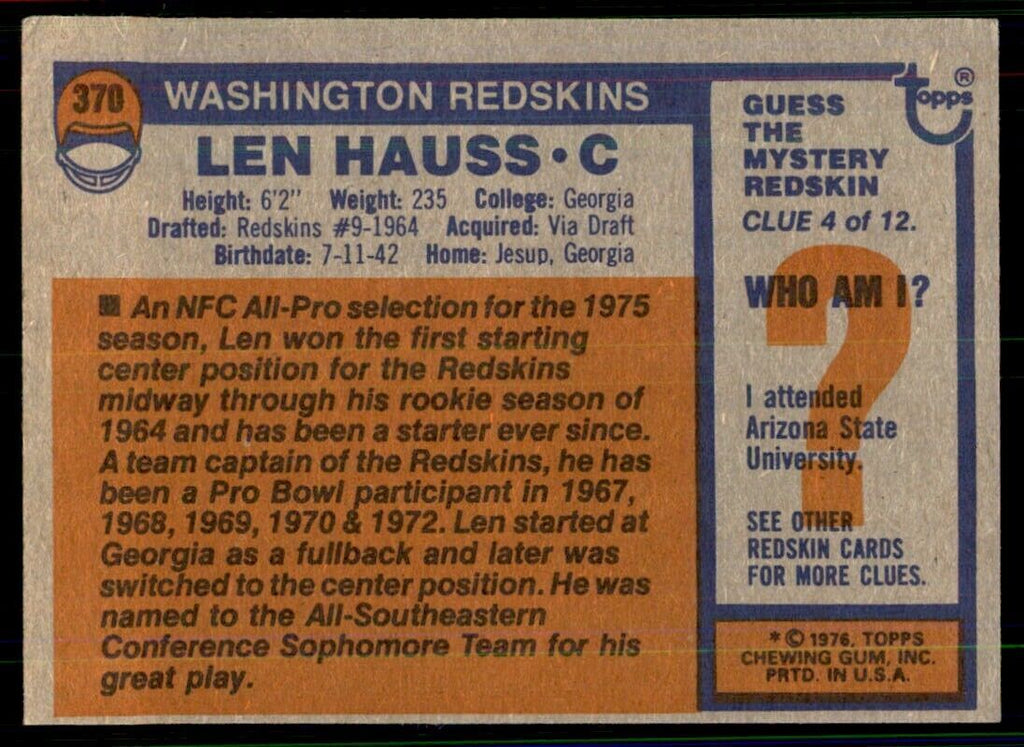 1976 Topps Len Hauss Football Cards #370