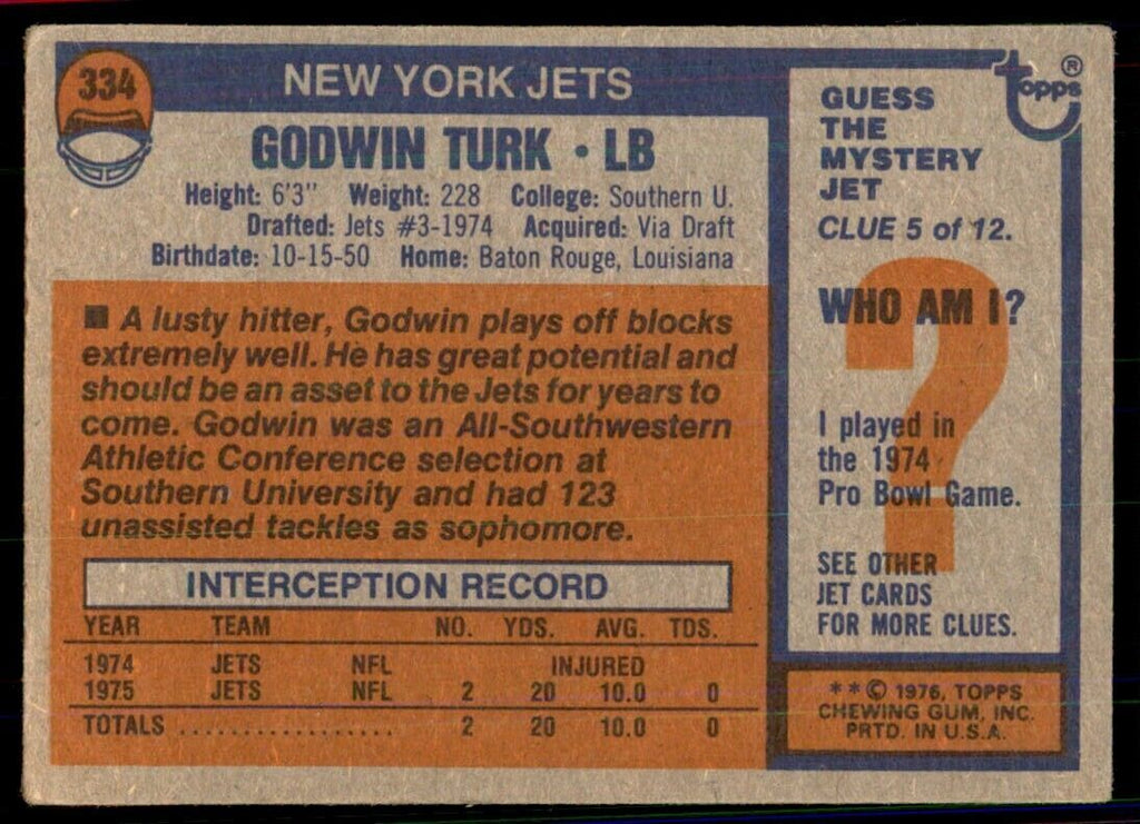 1976 Topps Godwin Turk A Football Cards #334