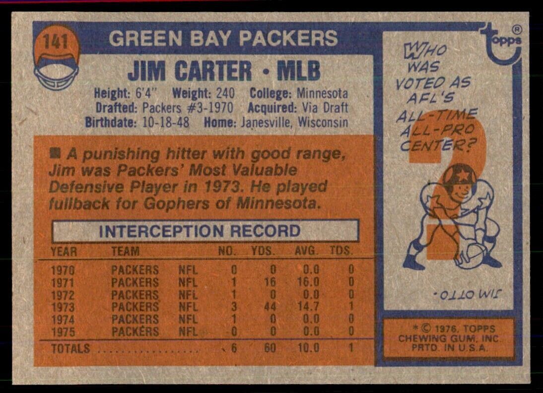 1976 Topps Jim Carter Football Cards #141