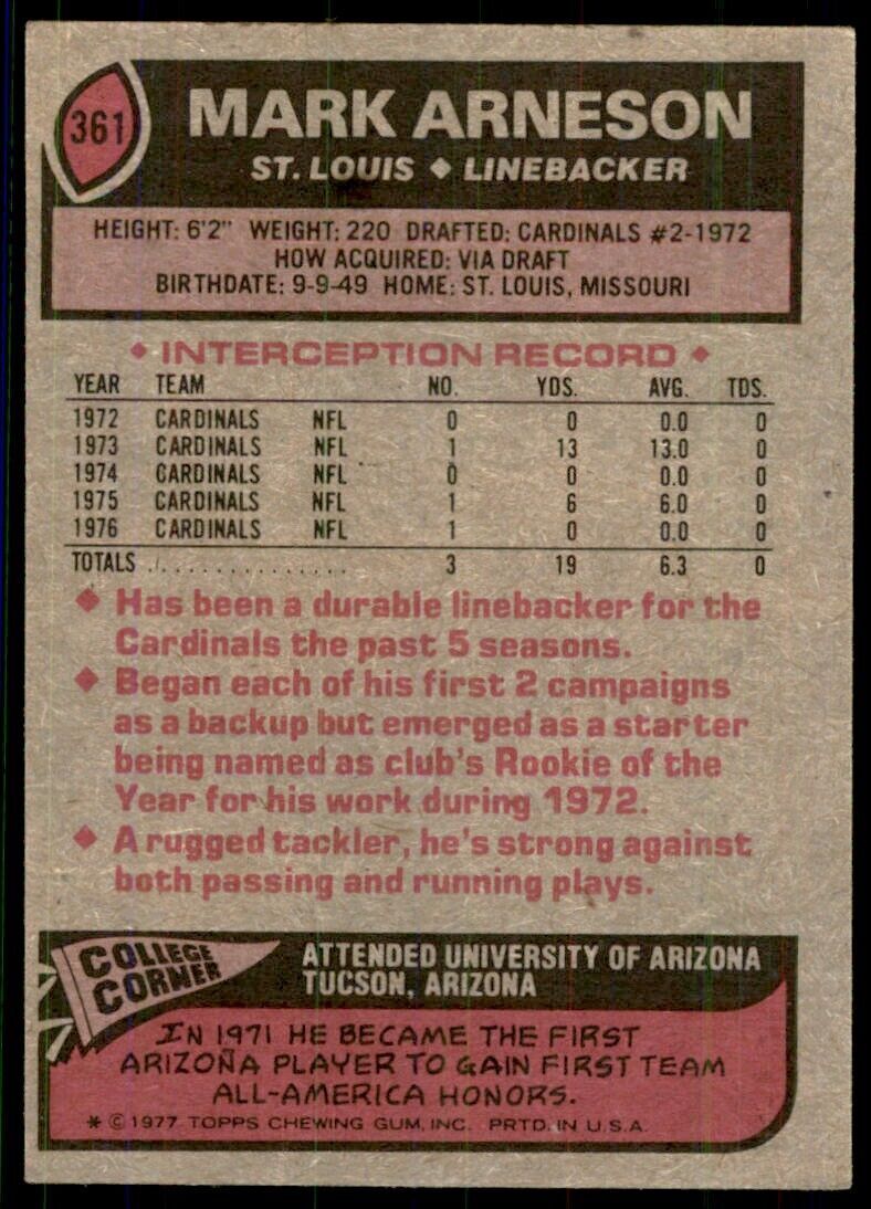 1977 Topps Mark Arneson Football Cards #361