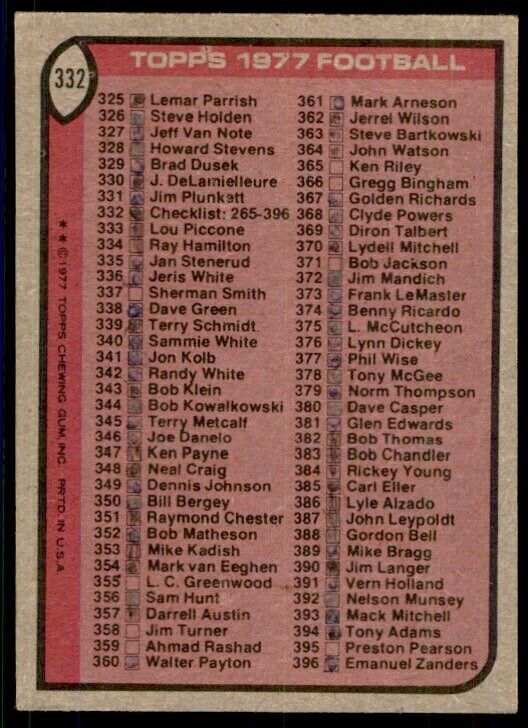 1977 Topps Checklist 265-396 Football Cards #332