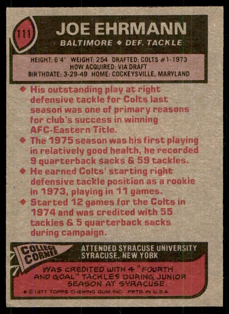 1977 Topps Joe Ehrmann Football Cards #111