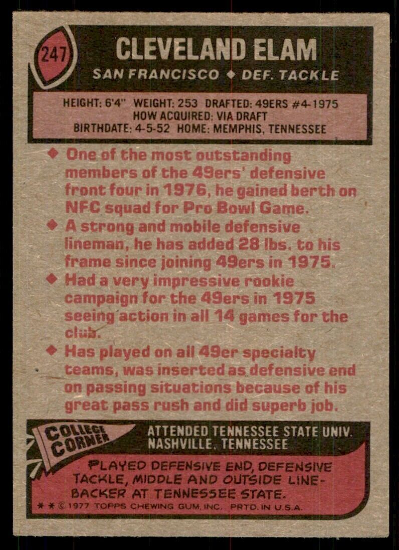 1977 Topps Cleveland Elam A Football Cards #247