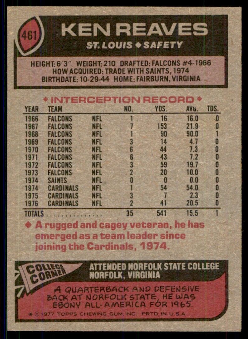 1977 Topps Ken Reaves A Football Cards #461