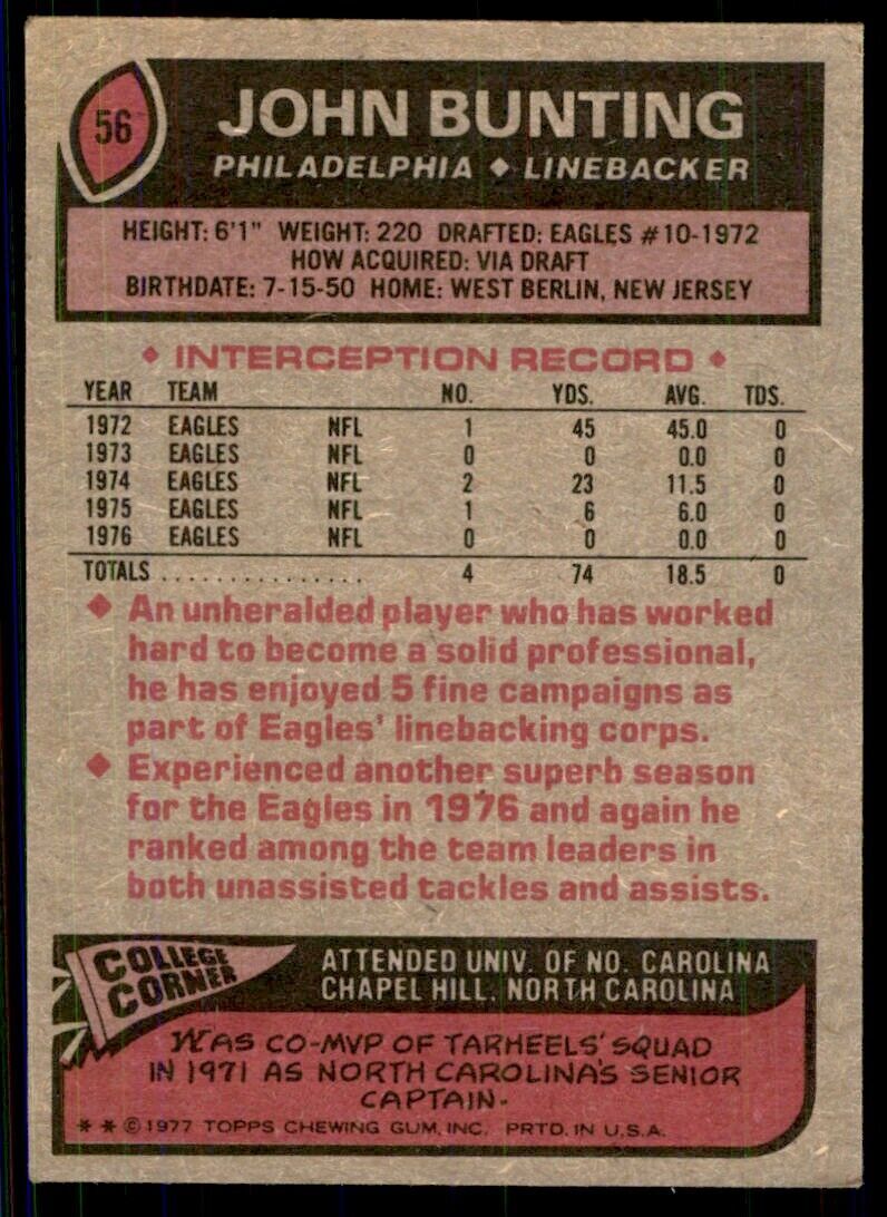 1977 Topps John Bunting A Football Cards #56