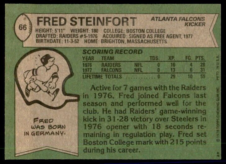 1978 Topps Fred Steinfort A Football Cards #66