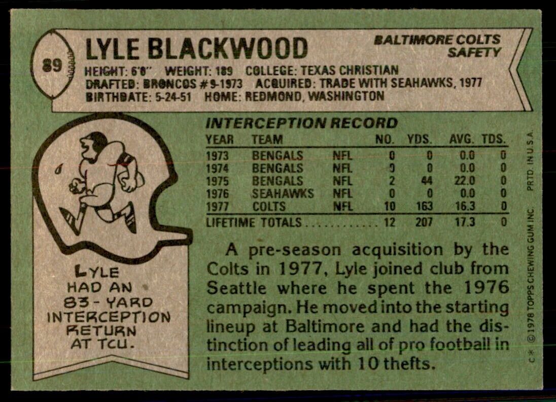 1978 Topps Lyle Blackwood B Football Cards #89