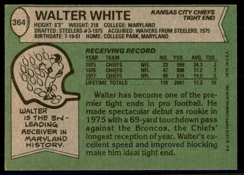 1978 Topps Walter White B Football Cards #364