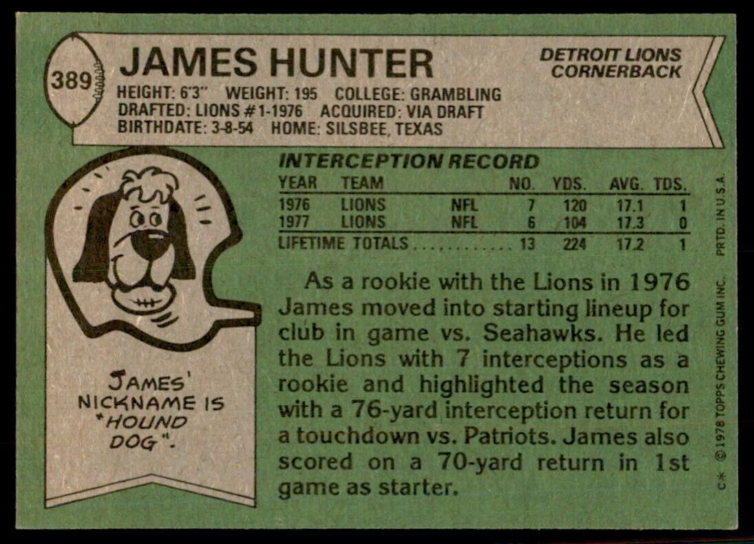 1978 Topps James Hunter C Football Cards #389