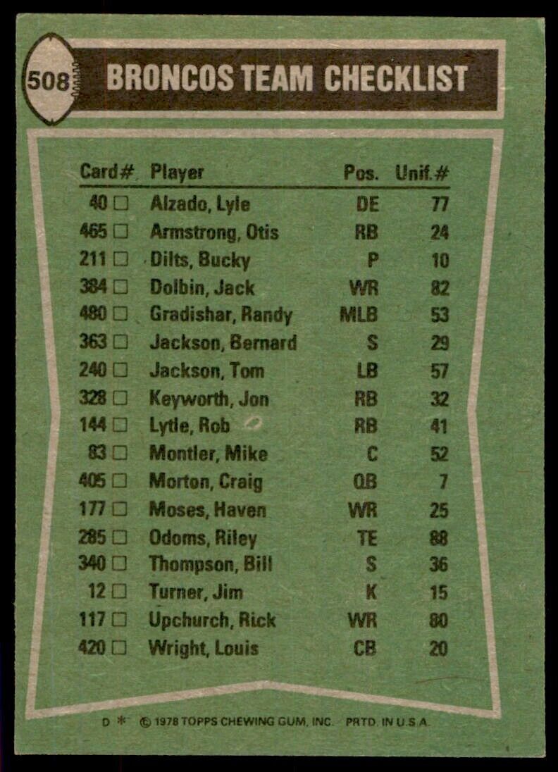 1978 Topps Otis Armstrong/Haven Moses/Bill Thompson/Rick Upchurch Football Cards