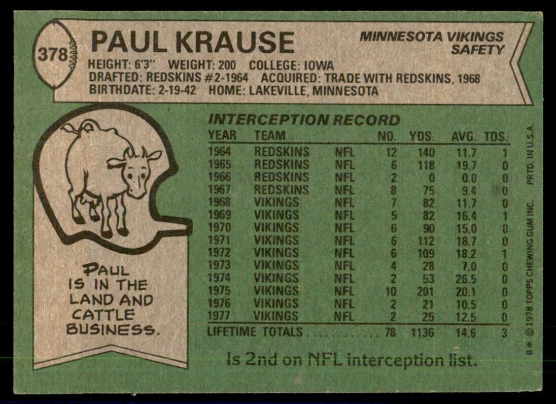 1978 Topps Paul Krause A Football Cards #378