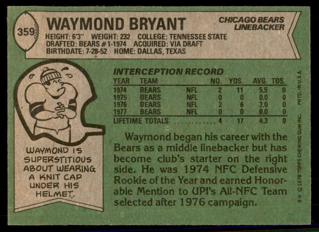 1978 Topps Waymond Bryant A Football Cards #359