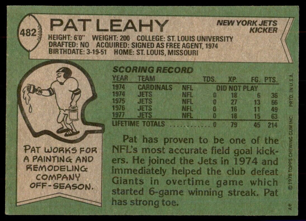 1978 Topps- Pat Leahy A Football Cards #482