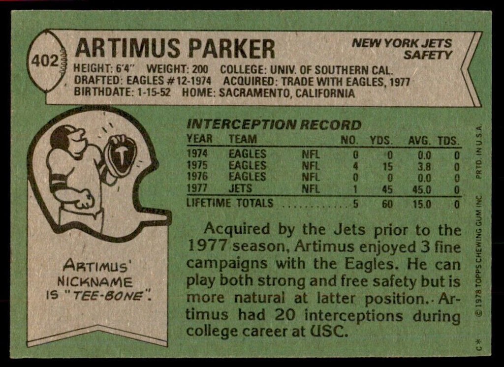 1978 Topps- Artimus Parker Football Cards #402
