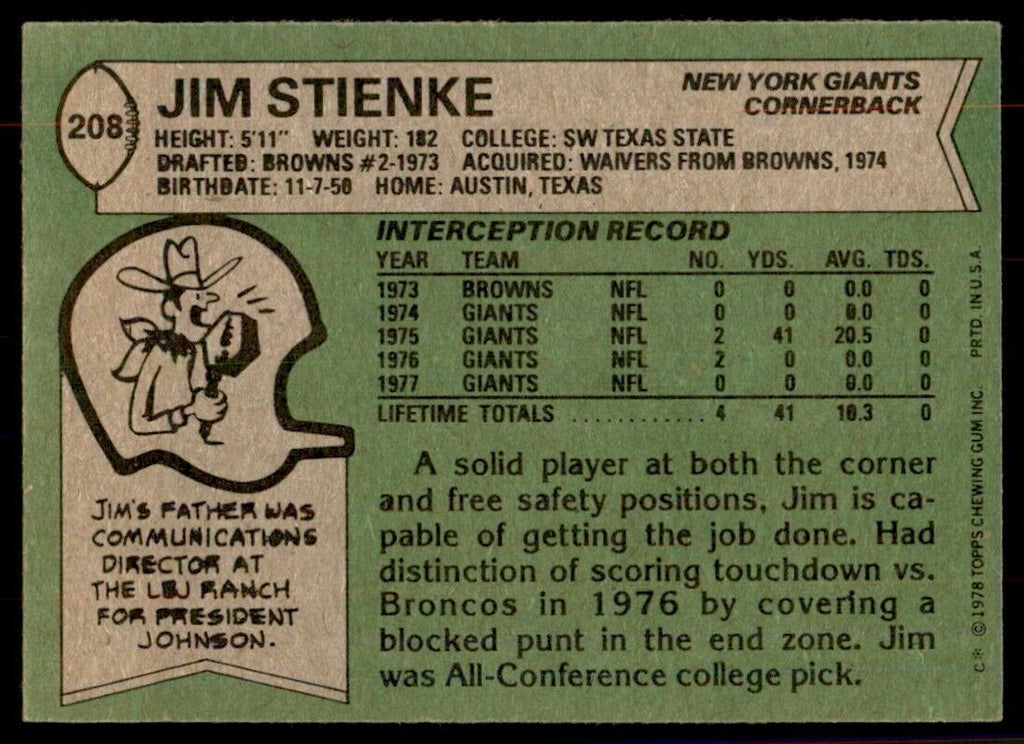 1978 Topps- Jim Stienke Football Cards #208