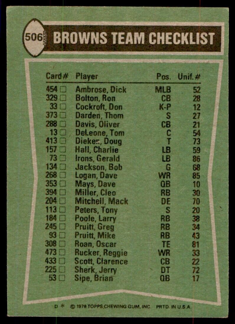1978 Topps- Greg Pruitt/Reggie Rucker/Thom Darden/Mack Mitchell B Football Cards