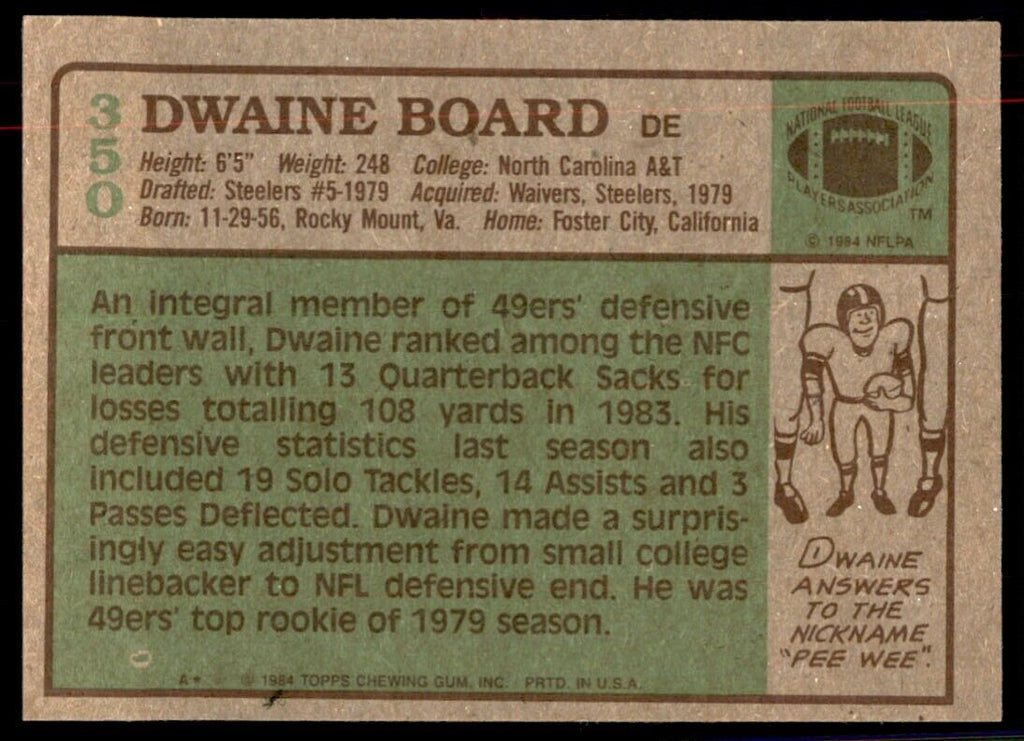 1984 Topps Dwaine Board Football Cards #350