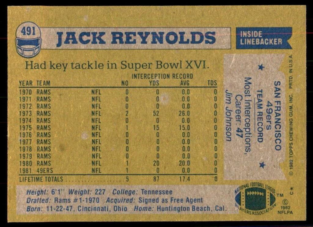 1982 Topps Jack Reynolds Football Cards #491