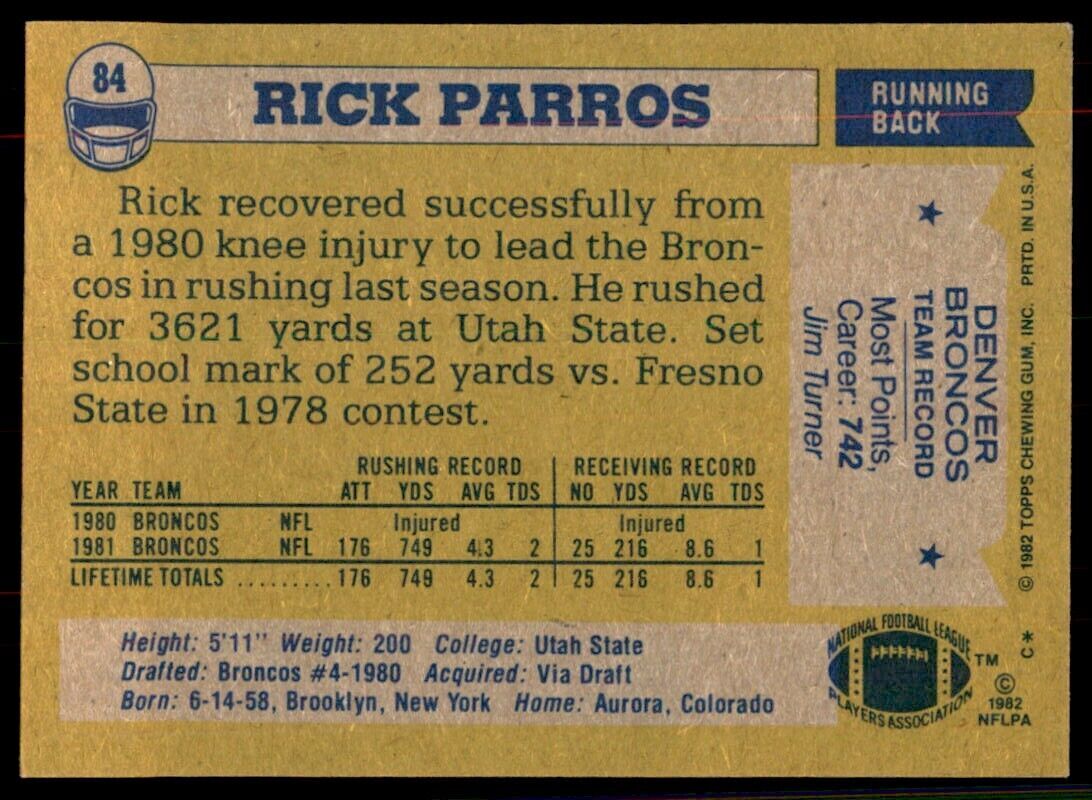 1982 Topps Rick Parros Football Cards #84