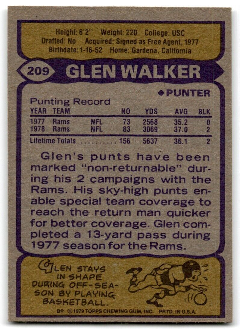 1979 Topps Glen Walker 1 Los Angeles Rams #209