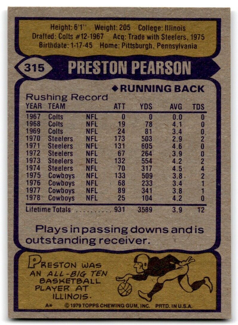 1979 Topps Preston Pearson Dallas Cowboys #315