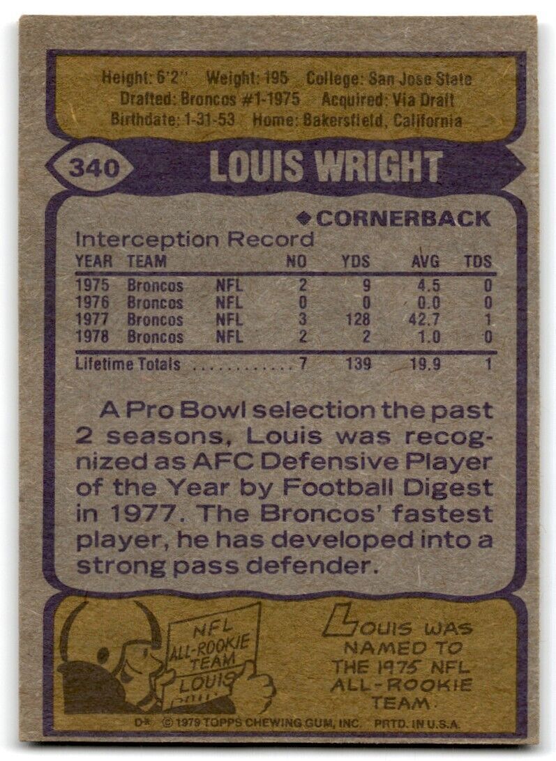 1979 Topps Louis Wright 3 Denver Broncos #340