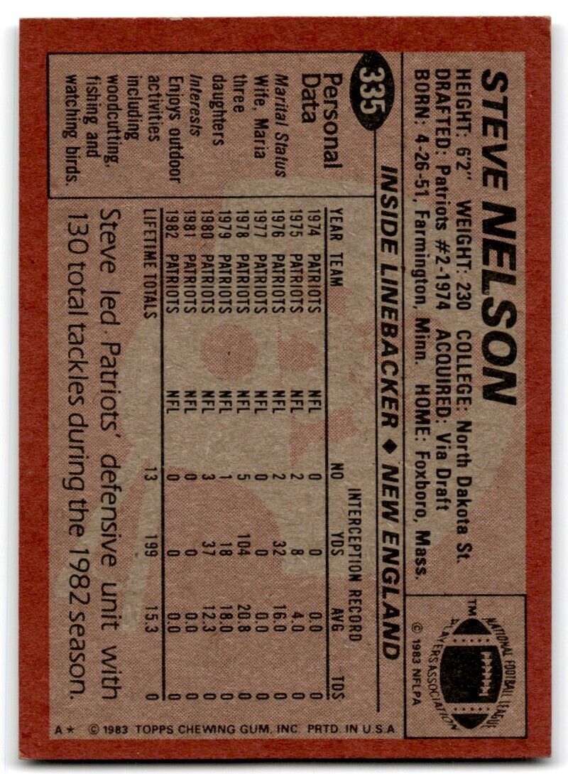 1983 Topps Steve Nelson 1 New England Patriots #335
