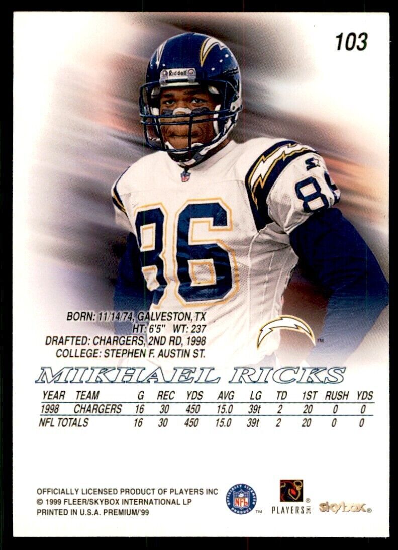 1999 SkyBox Premium Mikhael Ricks Football Cards #103
