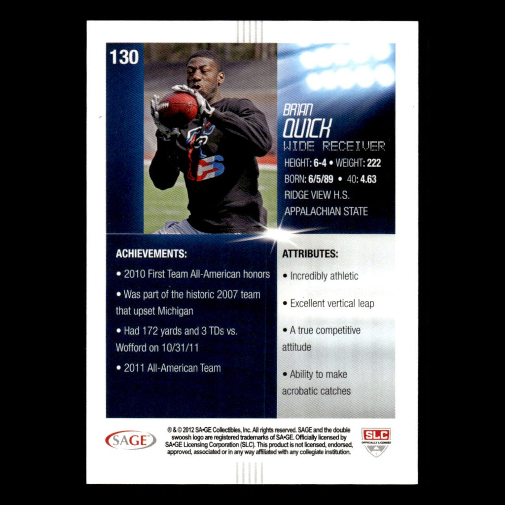 Brian Quick #130 2012 SAGE HIT Appalachian State Mountaineers Football Card NFL