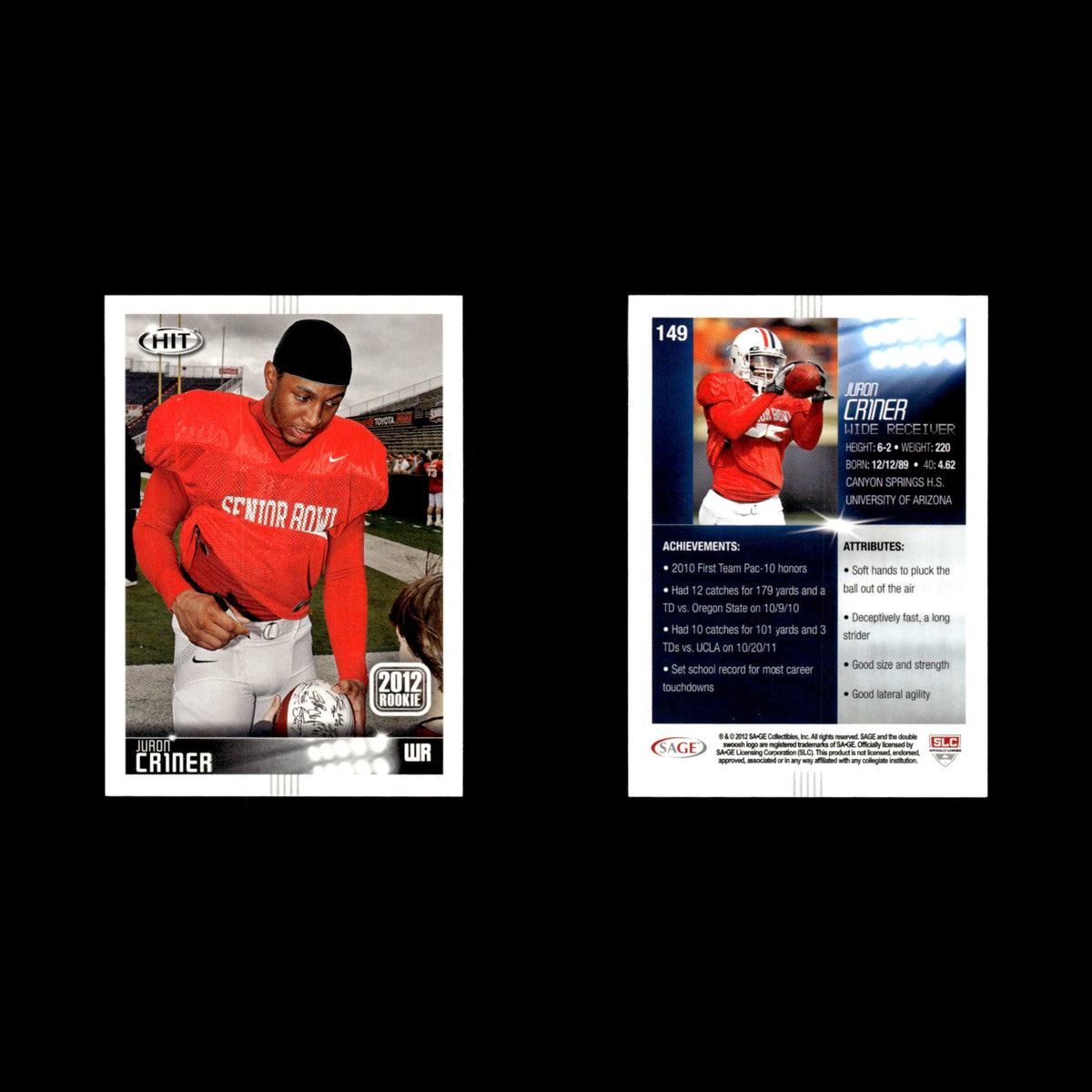 Juron Criner #149 2012 SAGE HIT Arizona Wildcats Football Card NFL NM