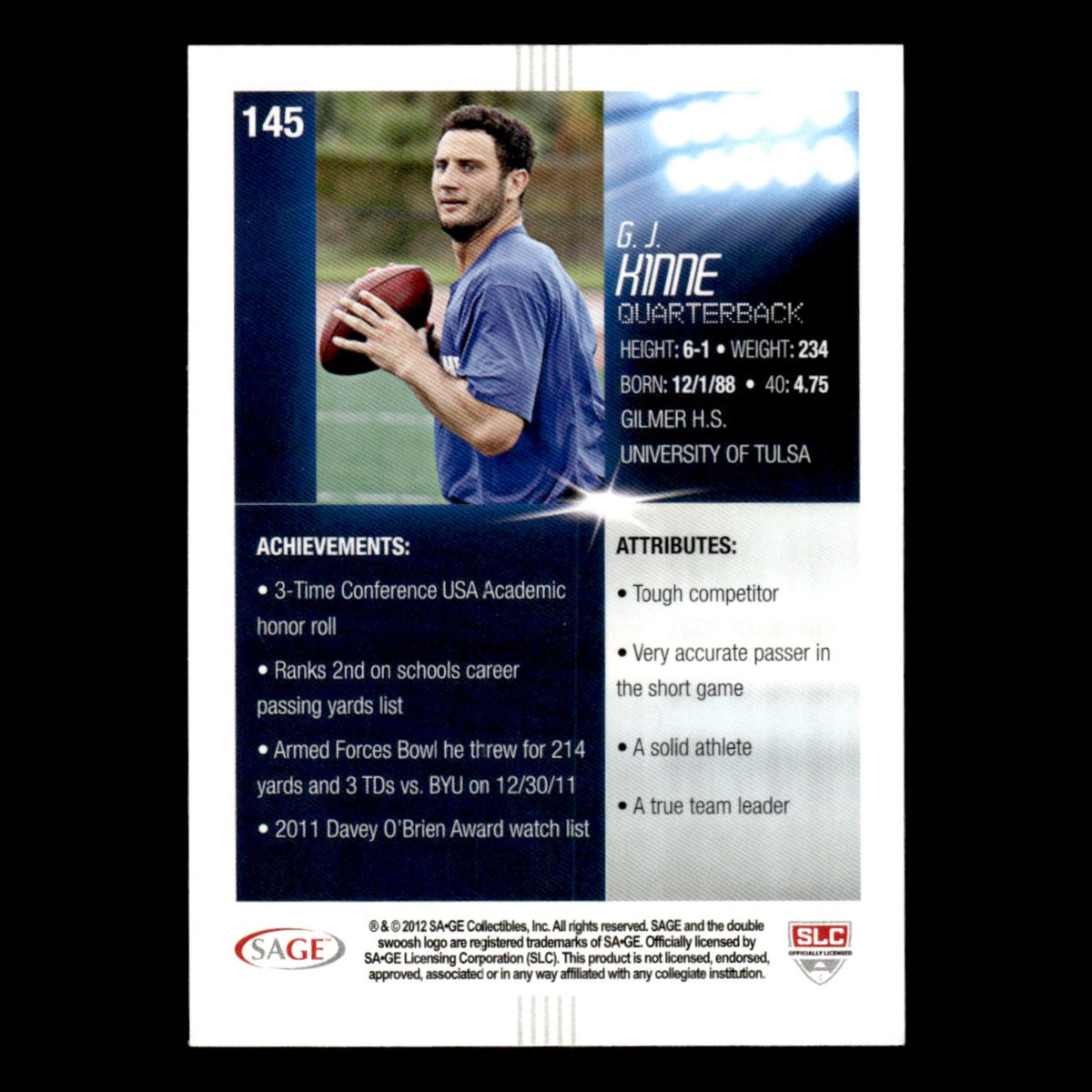 G.J. Kinne #145 2012 SAGE HIT Tulsa Golden Hurricane Football Card NFL NM