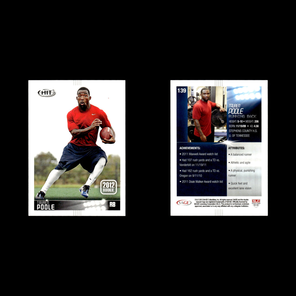 Tauren Poole #139 2012 SAGE HIT Tennessee Volunteers Football Card NFL NM