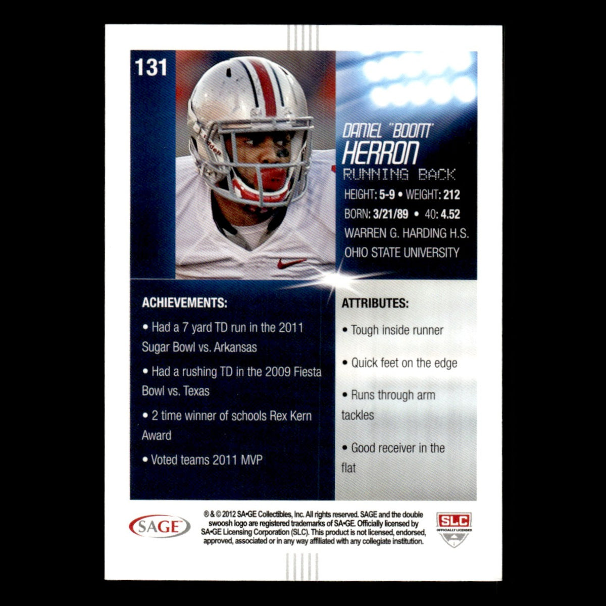 Boom Herron #131 2012 SAGE HIT Ohio State Buckeyes Football Card NFL NM