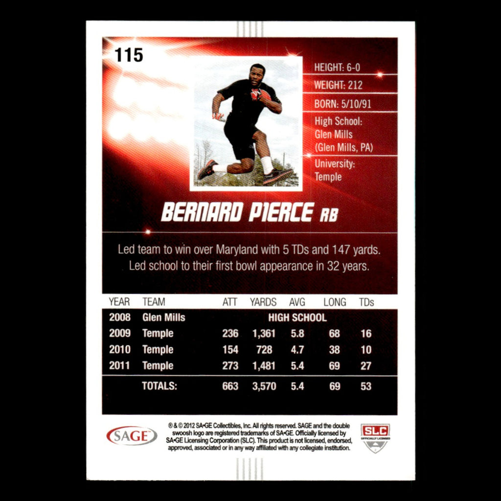 Bernard Pierce #115 2012 SAGE HIT Temple Owls Football Card NFL NM