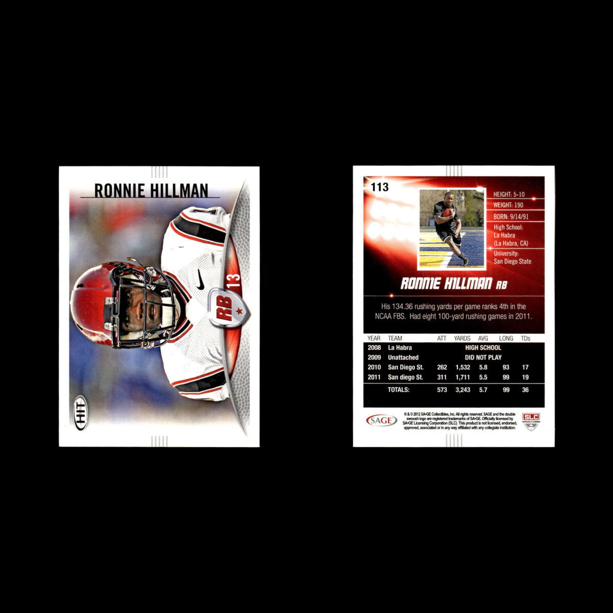 Ronnie Hillman #113 2012 SAGE HIT San Diego State Aztecs Football Card NFL NM