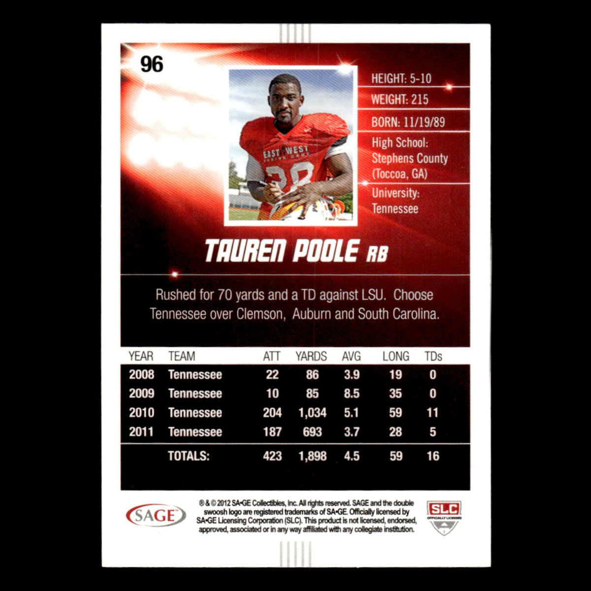 Tauren Poole #96 2012 SAGE HIT Tennessee Volunteers Football Card NFL NM