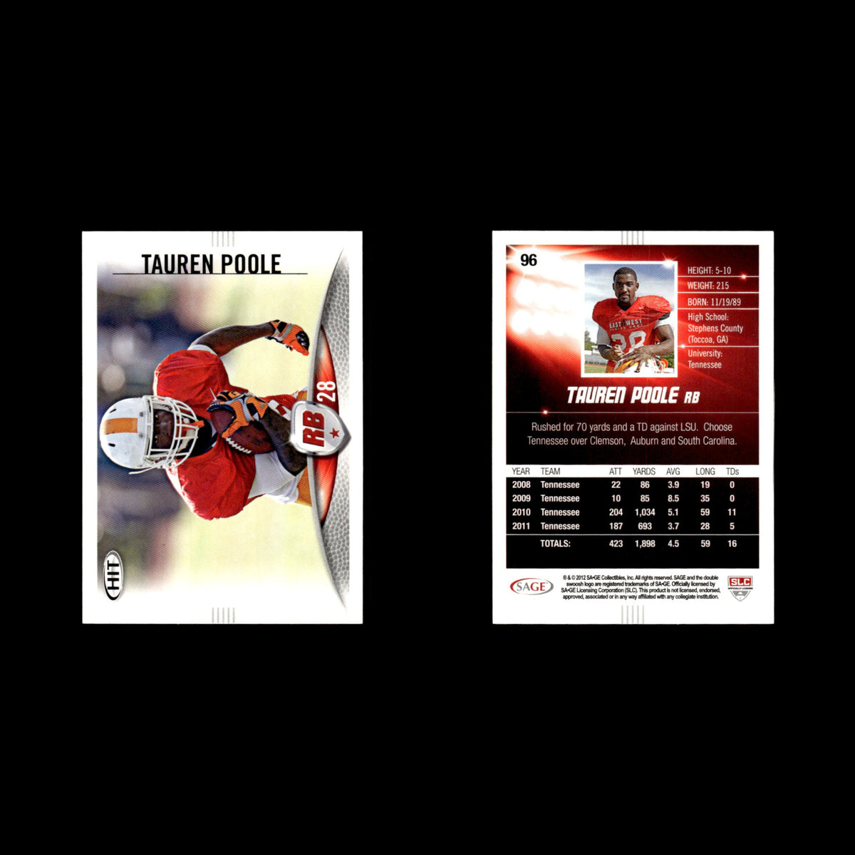 Tauren Poole #96 2012 SAGE HIT Tennessee Volunteers Football Card NFL NM