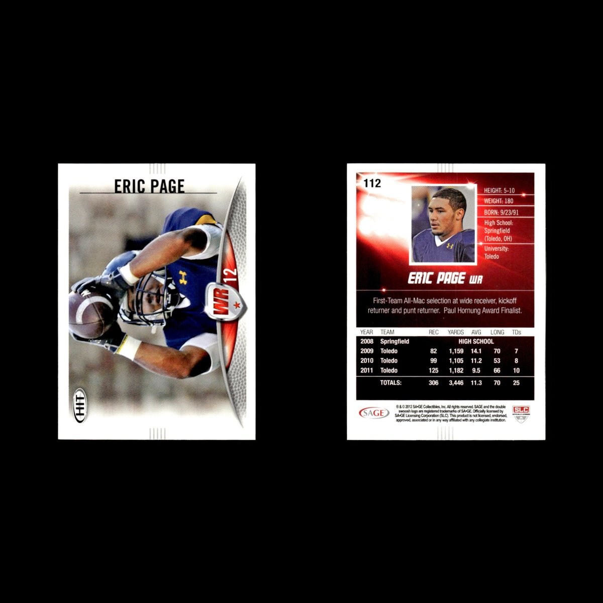 Eric Page #112 2012 SAGE HIT Toledo Rockets Football Card NFL NM