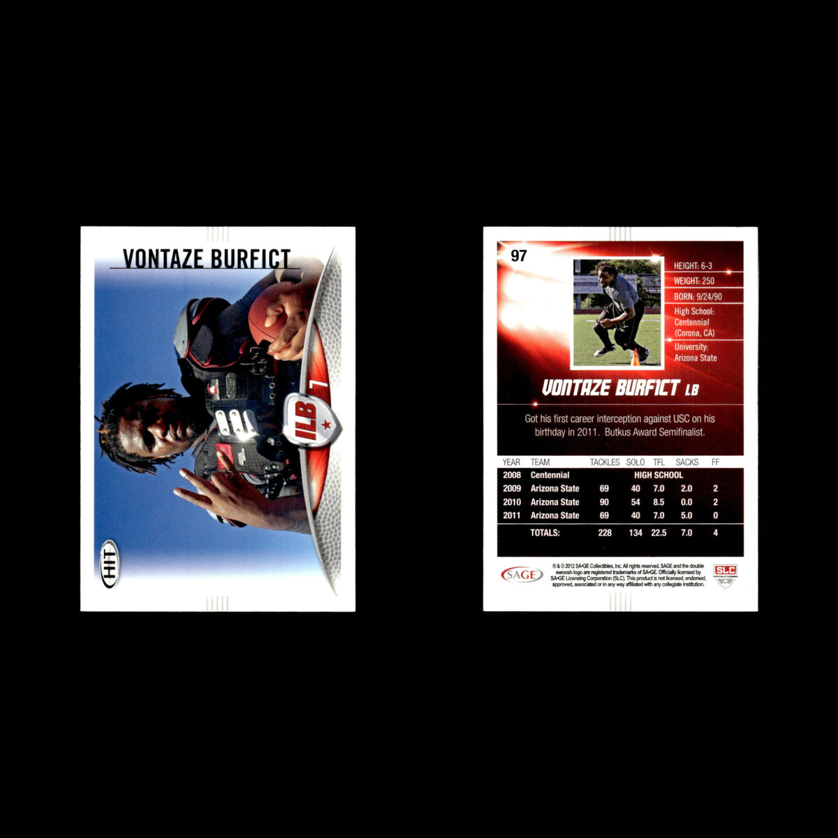 Vontaze Burfict #97 2012 SAGE HIT Arizona State Sun Devils Football Card NFL NM
