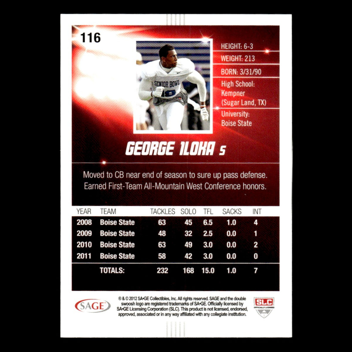 George Iloka #116 2012 SAGE HIT Boise State Broncos Football Card NFL NM