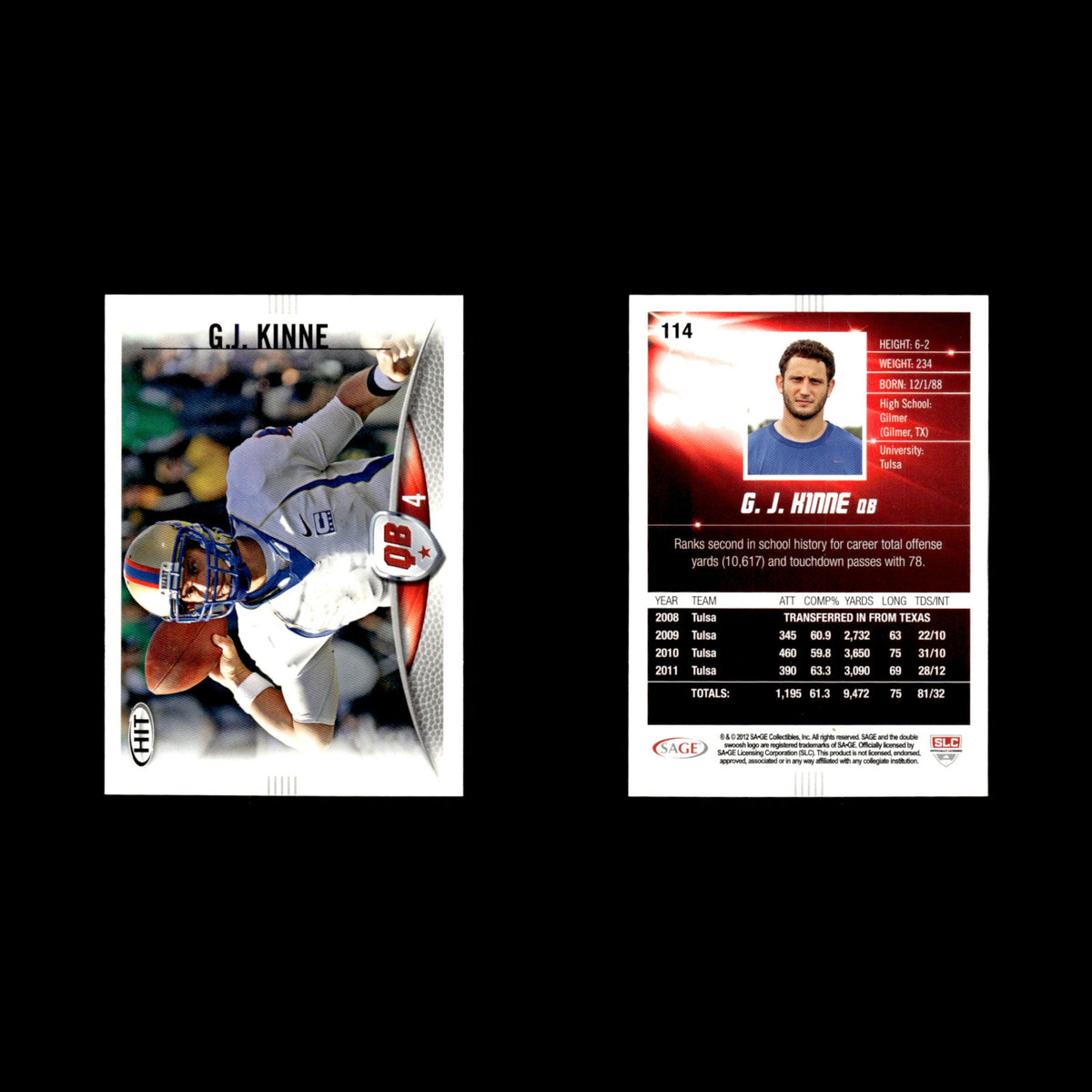 G.J. Kinne #114 2012 SAGE HIT Tulsa Golden Hurricane Football Card NFL NM