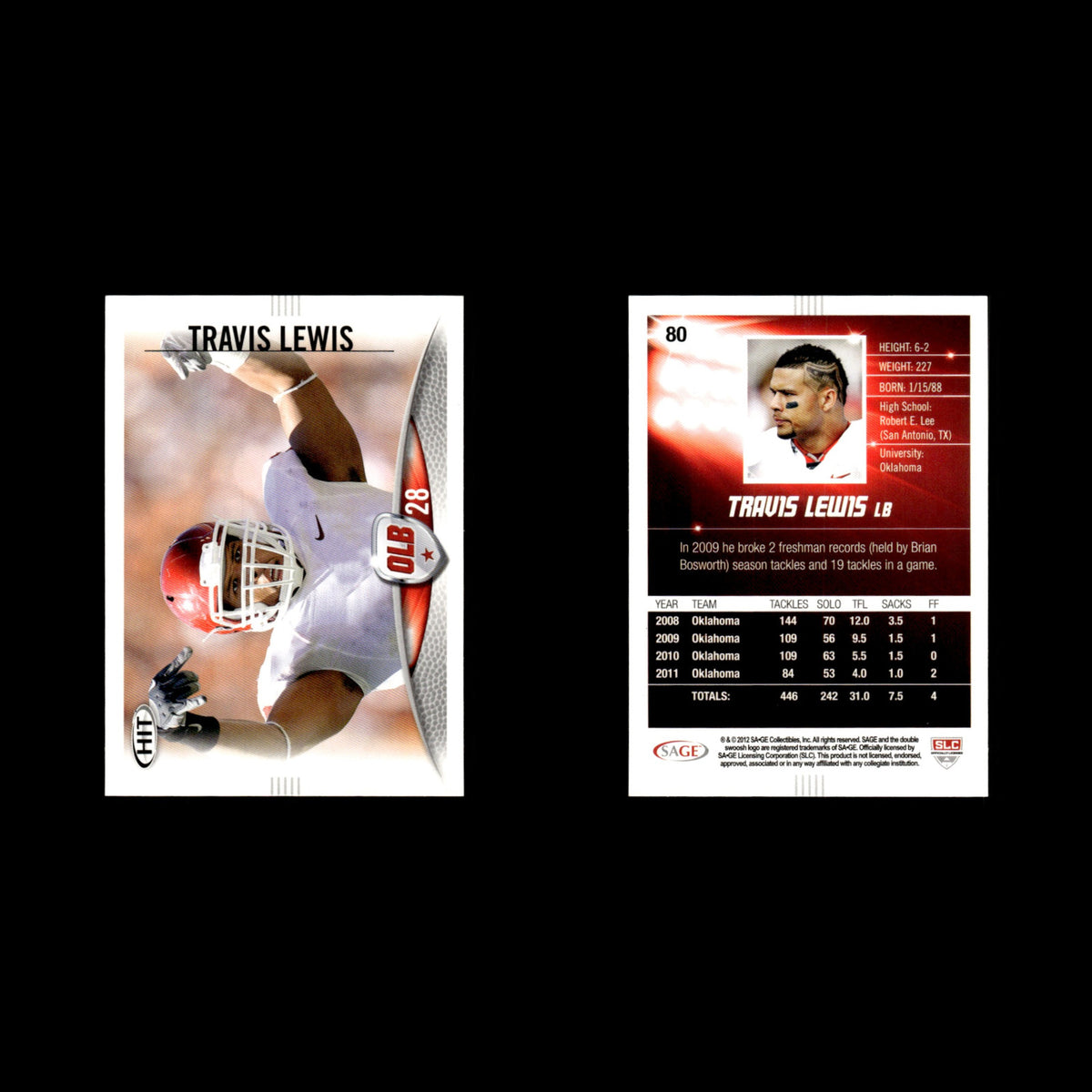Travis Lewis #80 2012 SAGE HIT Oklahoma Sooners Football Card NFL NM