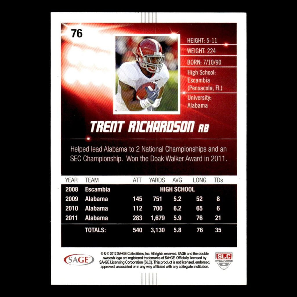 Trent Richardson #76 2012 SAGE HIT Alabama Crimson Tide Football Card NFL NM