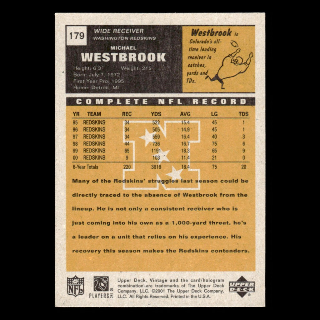 Michael Westbrook #179 2001 Upper Deck Vintage Washington Redskins Football Card