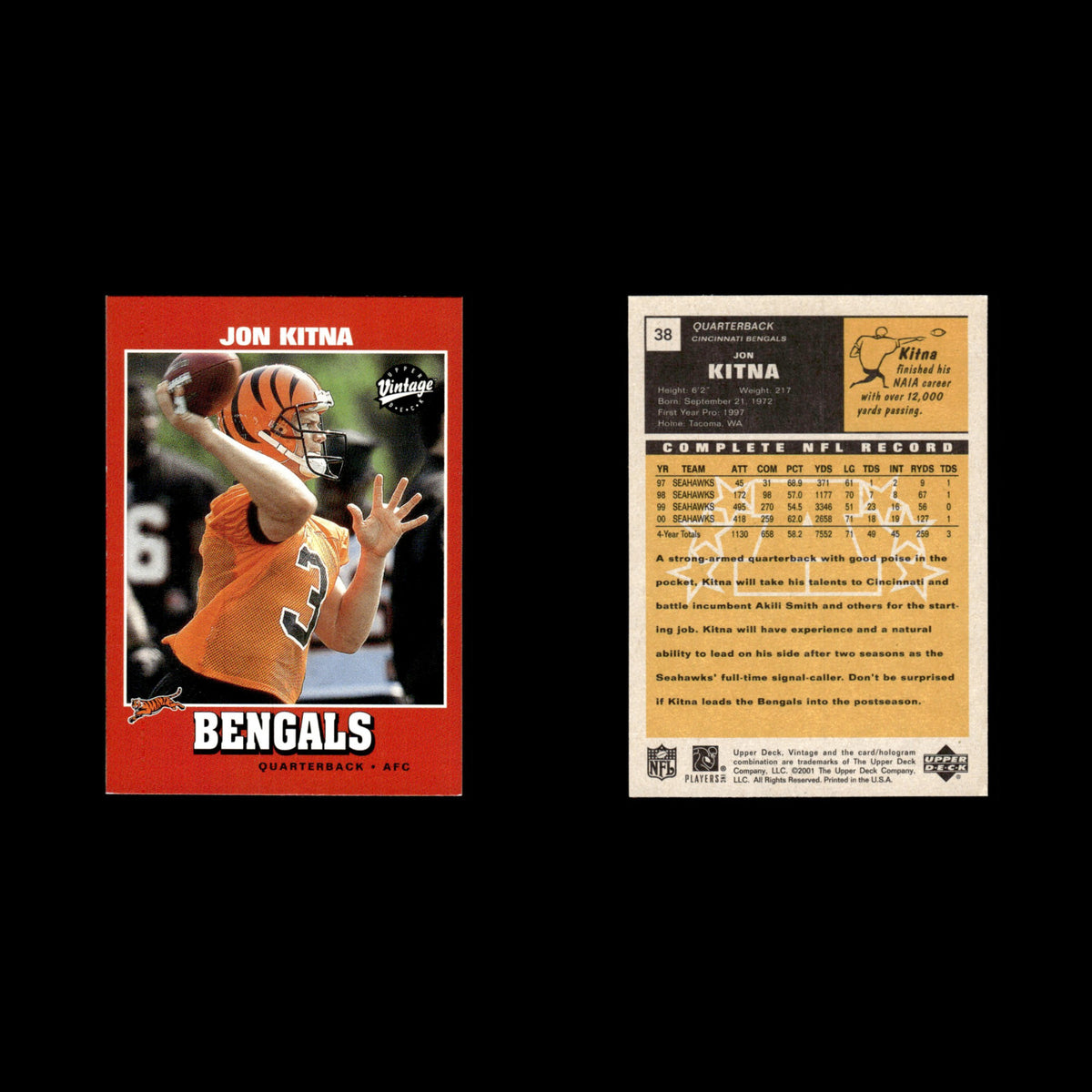 Jon Kitna #38 2001 Upper Deck Vintage Cincinnati Bengals Football Card NFL NM