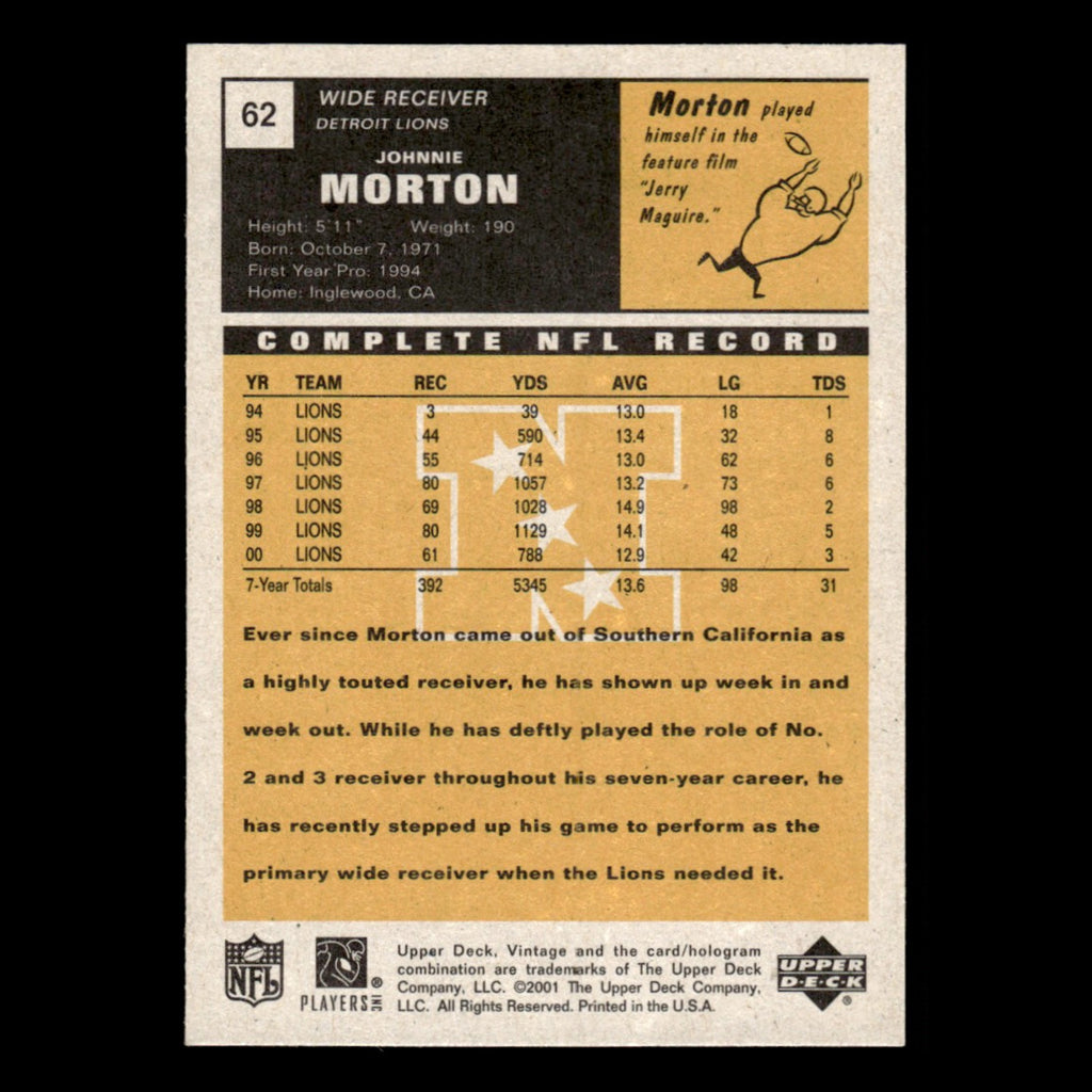 Johnnie Morton #62 2001 Upper Deck Vintage Detroit Lions Football Card NFL NM