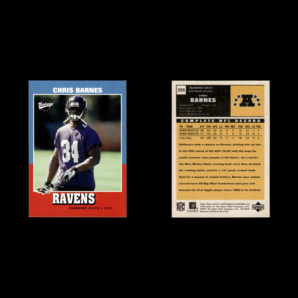 Chris Barnes Rookie #206 2001 Upper Deck Vintage Baltimore Ravens Football Card