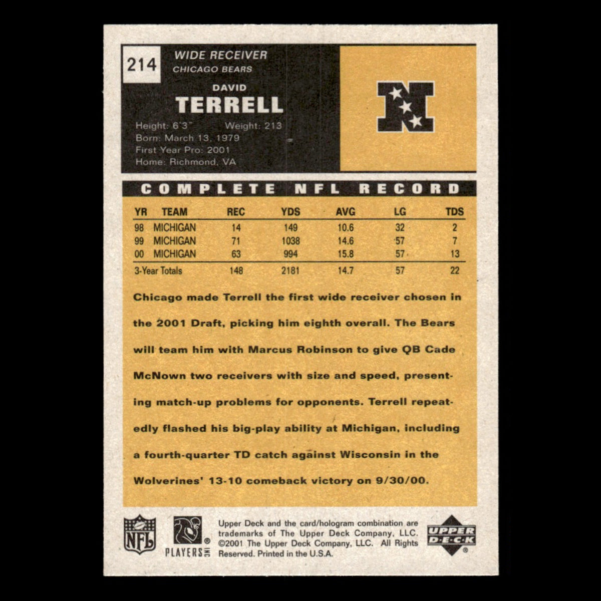 David Terrell Rookie #214 2001 Upper Deck Vintage Chicago Bears Football Card NM