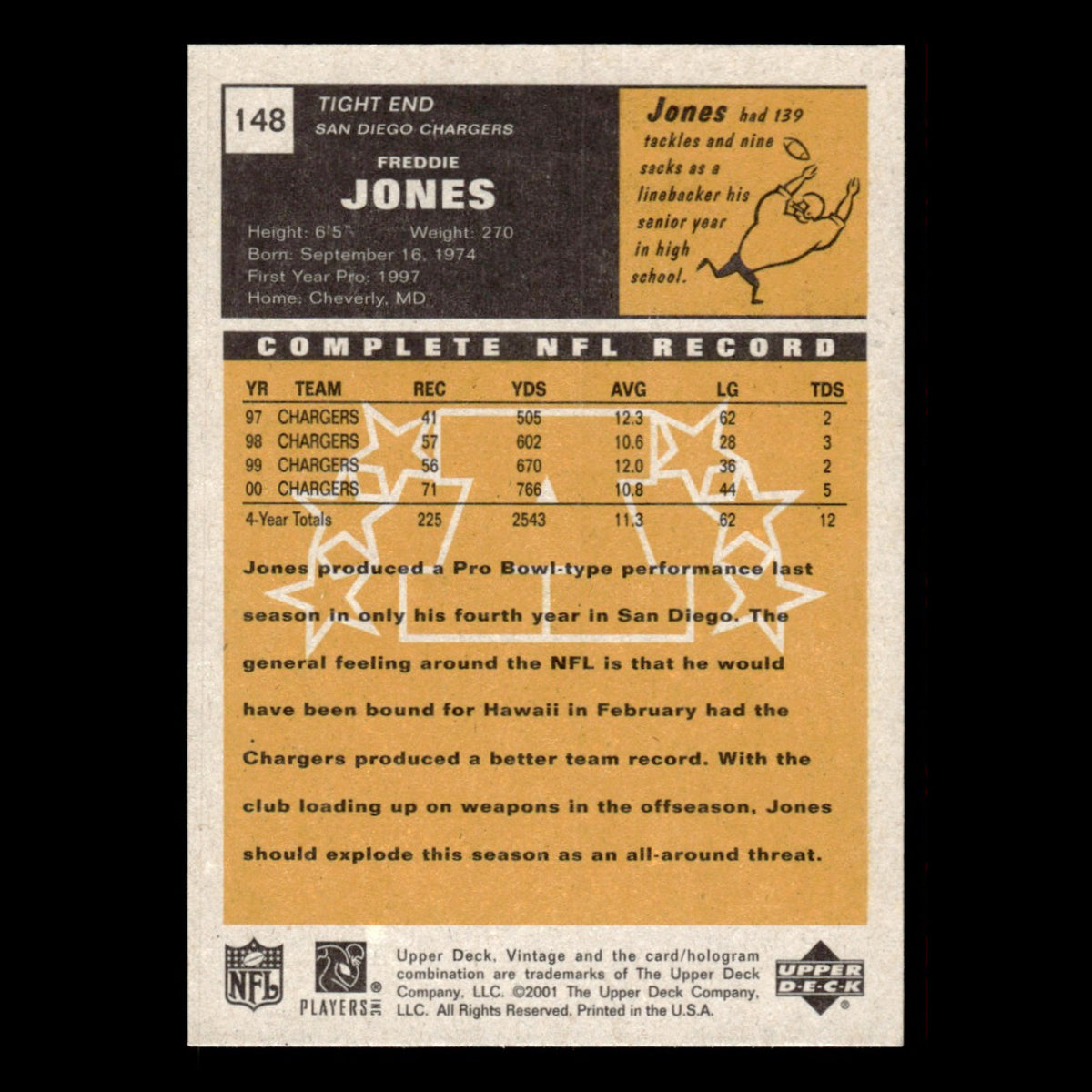 Freddie Jones #148 2001 Upper Deck Vintage San Diego Chargers Football Card NFL